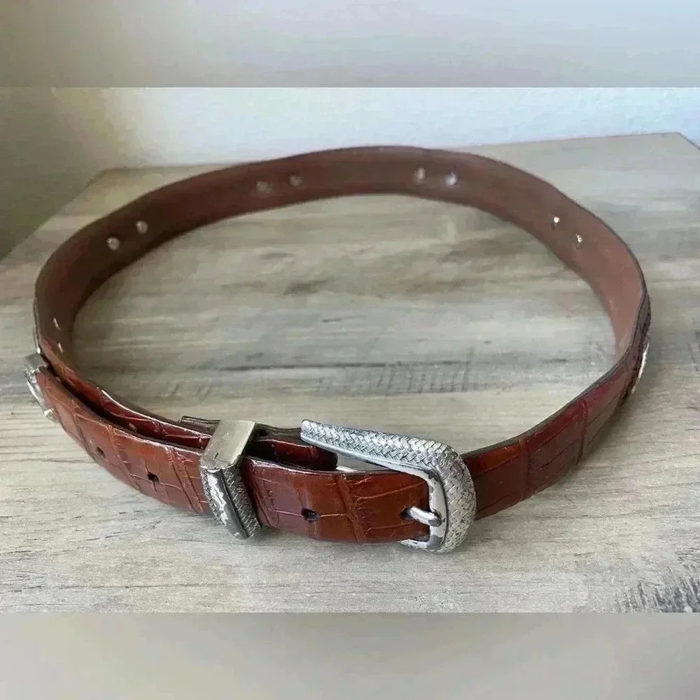 Vintage Cognac Croc-Embossed Leather Belt with Silver-Tone Buckle